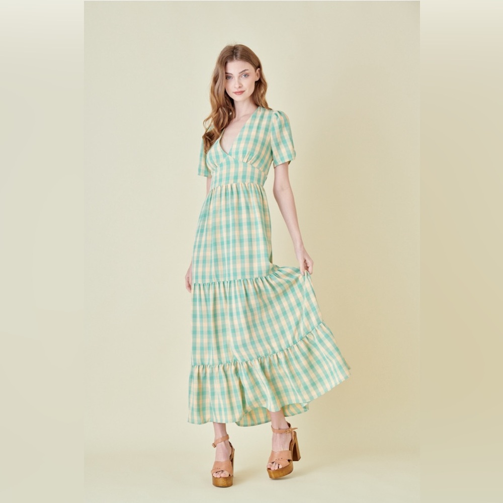 Fore Cottagecore Prairie Open Back Plaid Maxi Dress, Size S